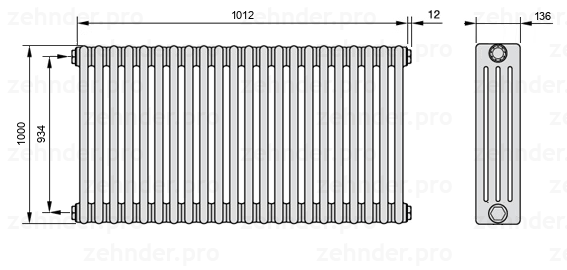 Схема (чертеж) Радиатор Zehnder Charleston 4100/22 №1270 Белый глянцевый RAL 9016